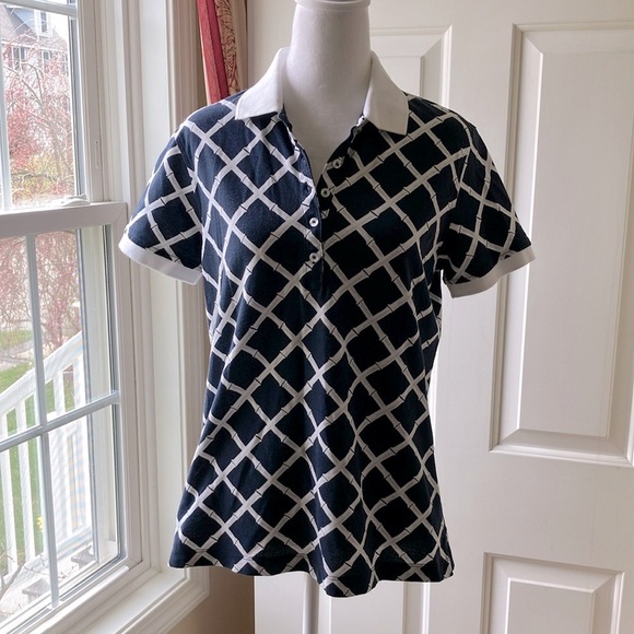 Brooks Brothers Tops - Brooks Brothers Women’s Polo Shirt Navy Blue & White Bamboo Pattern Size M